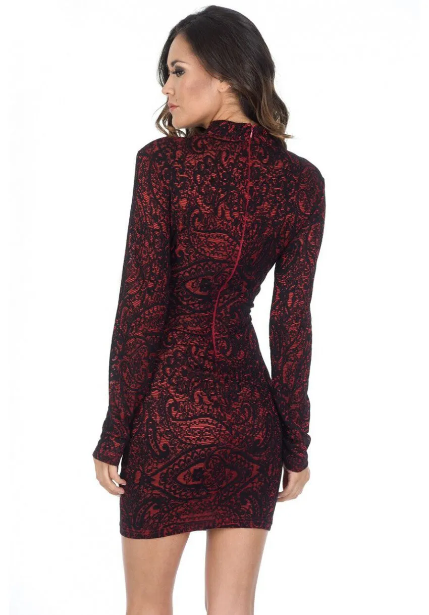Red High Neck Long Sleeved Printed Bodycon Dress sold by AX Paris product image thumbnail 3