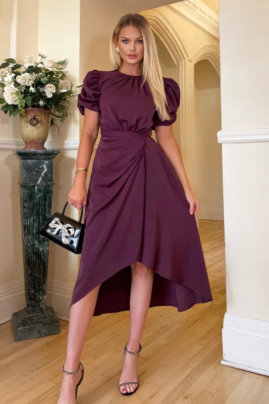Plum Short Puff Sleeve Gathered Side Midi Dress sold by AX Paris