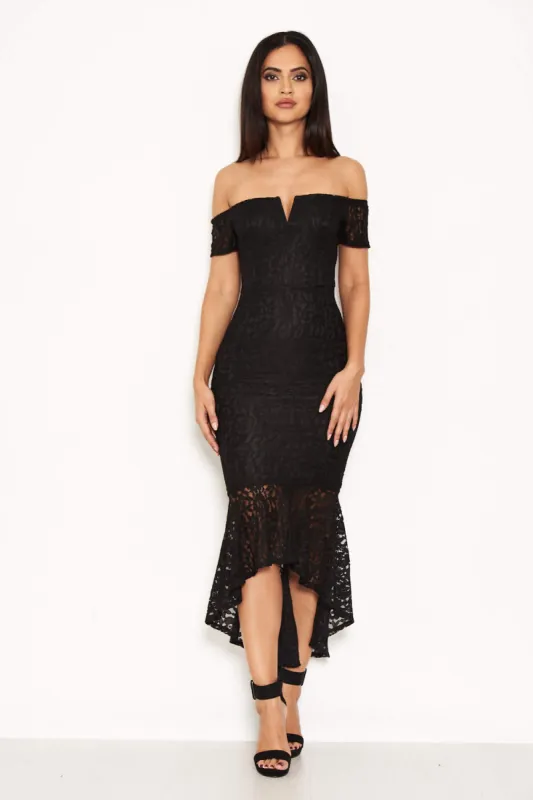Black Lace Bardot Fishtail Dress sold by AX Paris