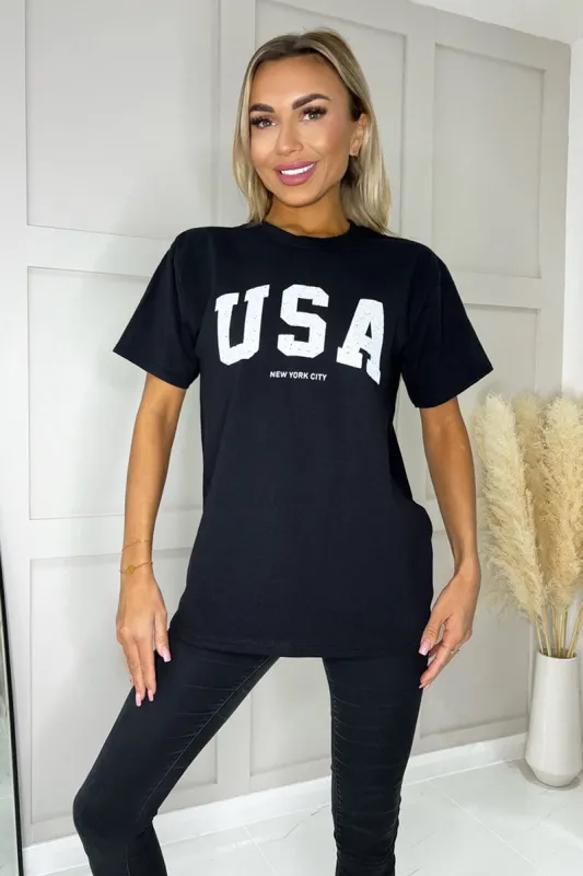 Black USA Slogan T- Shirt made by AX Paris