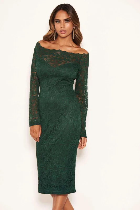 Teal Off The Shoulder Lace Dress sold by AX Paris