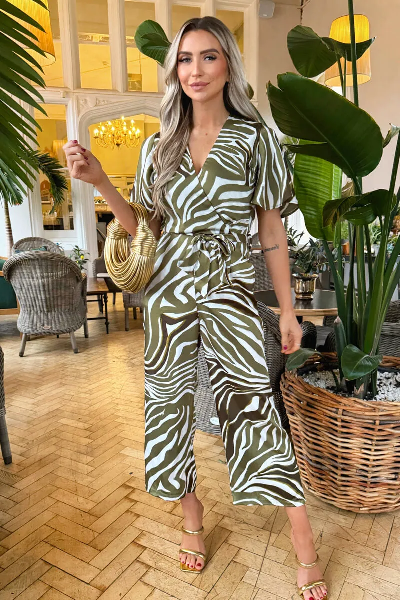 Olive Print Wrap Top Tie Waist Jumpsuit sold by AX Paris