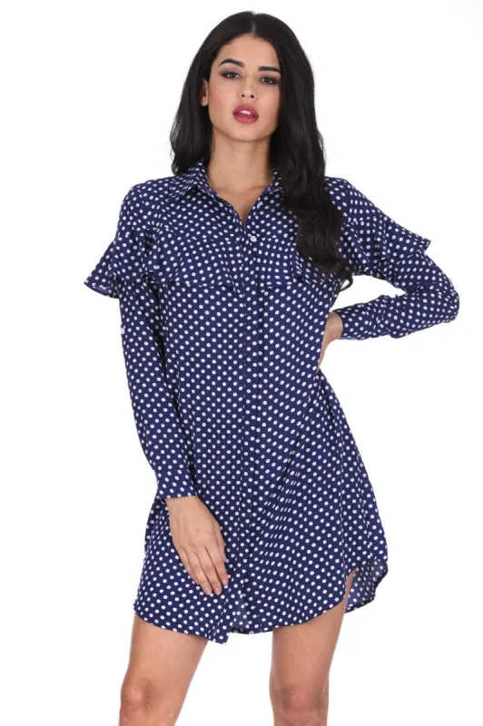 Blue Polka Dot Shirt Dress With Ruffle Detail sold by AX Paris