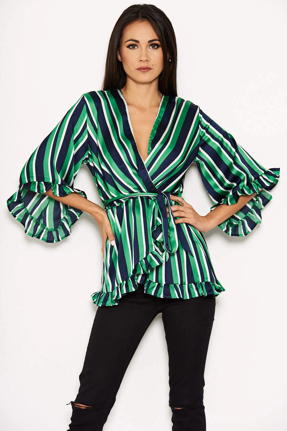 Green Striped Frill Tie Top sold by AX Paris