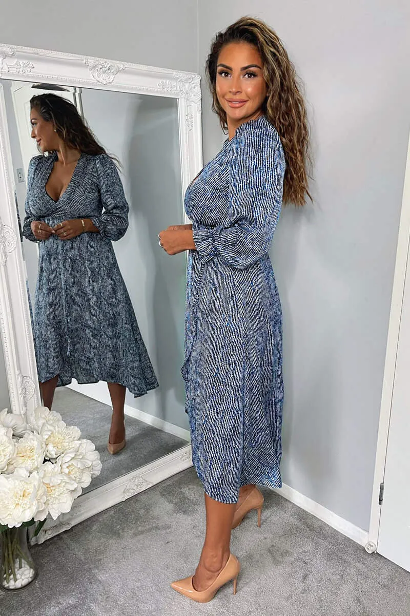 Blue Printed Tie Side Wrap Over Midi Dress sold by AX Paris product image thumbnail 5