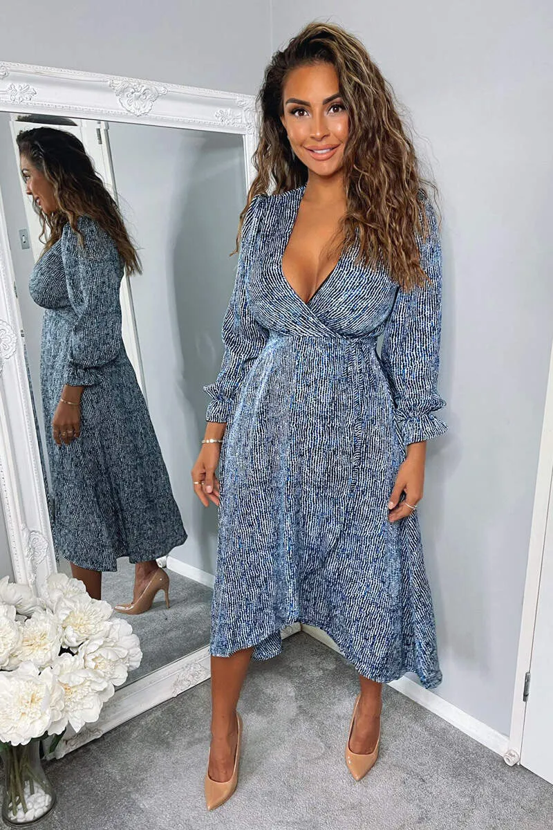 Blue Printed Tie Side Wrap Over Midi Dress sold by AX Paris product image thumbnail 2