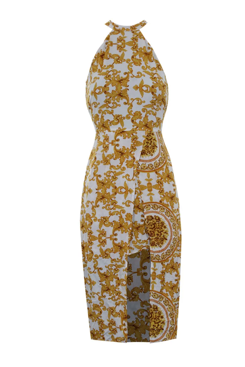 White Halter Neck With Gold Pattern Midi Dress sold by AX Paris product image thumbnail 4