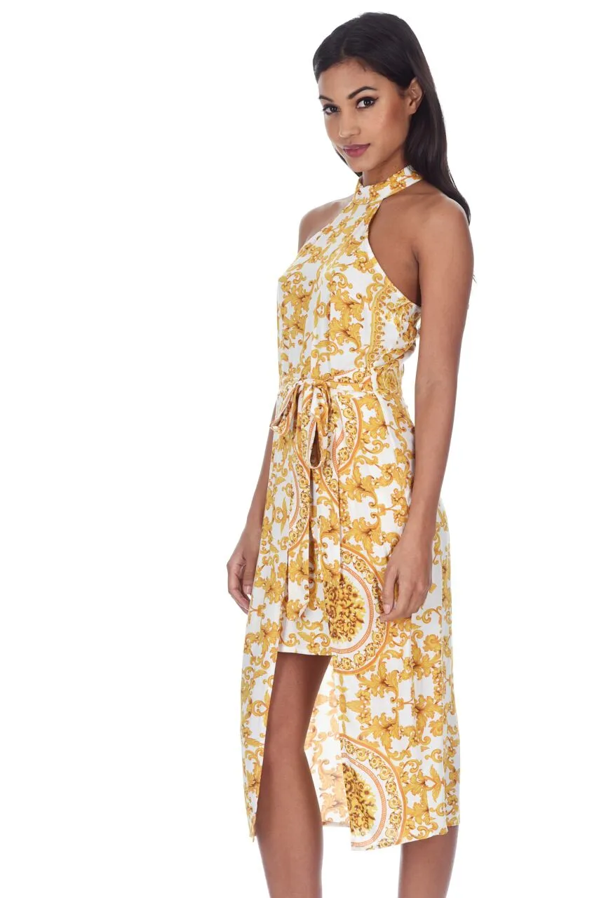 White Halter Neck With Gold Pattern Midi Dress sold by AX Paris