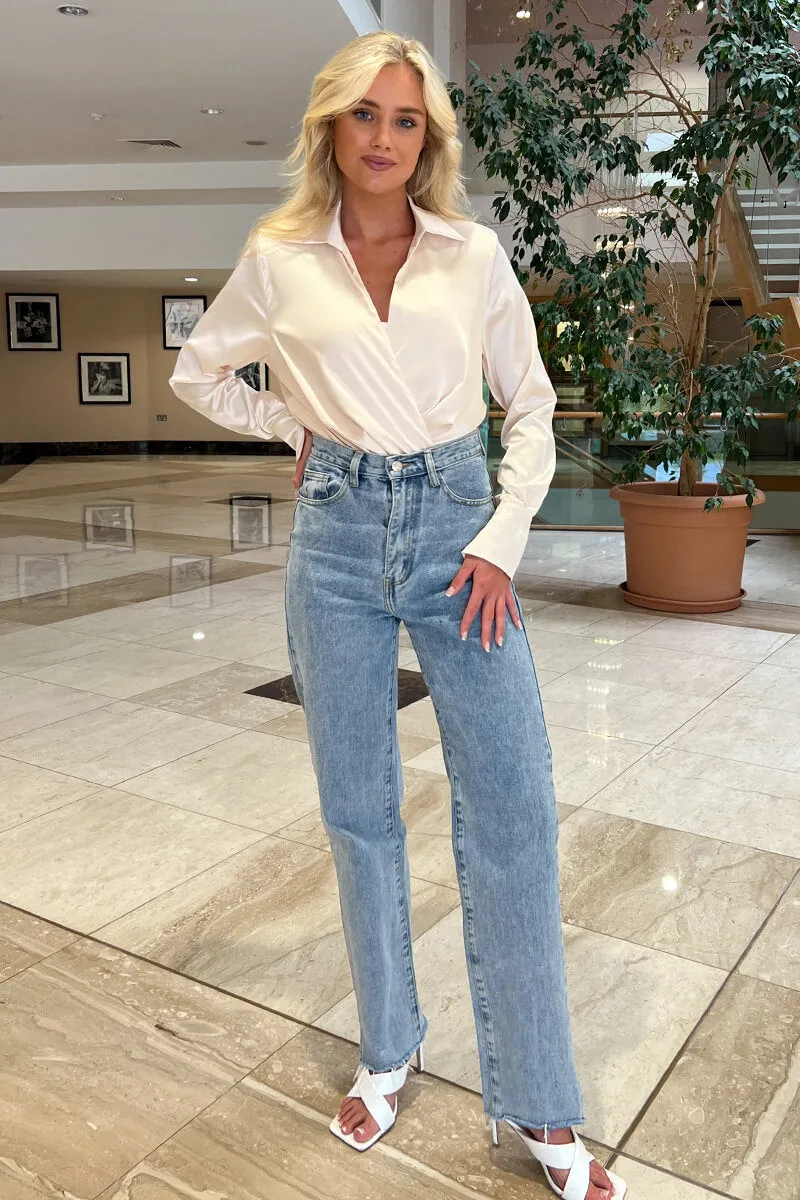 Cream Satin Wrap Shirt Bodysuit sold by AX Paris product image thumbnail 2