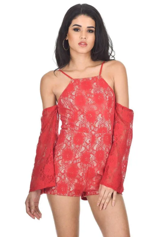 Red Cut Out Shoulder Lace Contrast Playsuit sold by AX Paris