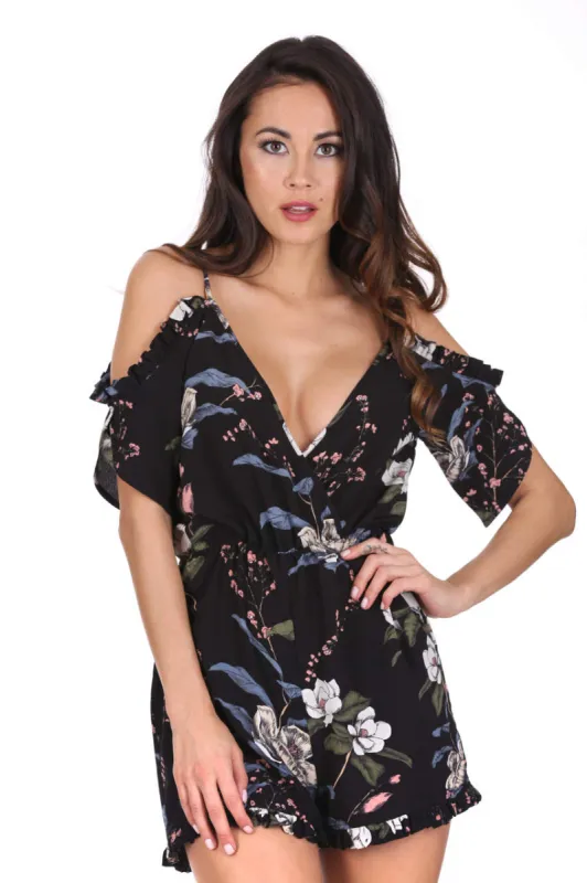 Black Frill Hem Floral Playsuit sold by AX Paris