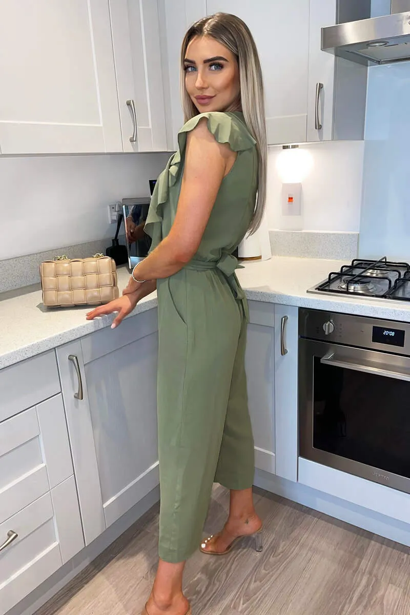 Khaki Frill Front Belted Jumpsuit sold by AX Paris product image thumbnail 3