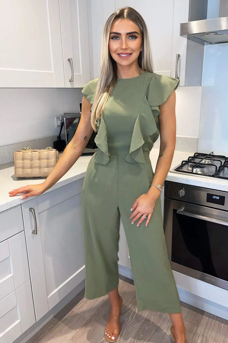 Khaki Frill Front Belted Jumpsuit sold by AX Paris