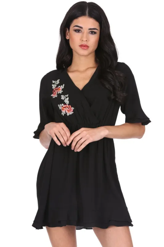 Black Floral Embroidered Frill Detail Dress sold by AX Paris