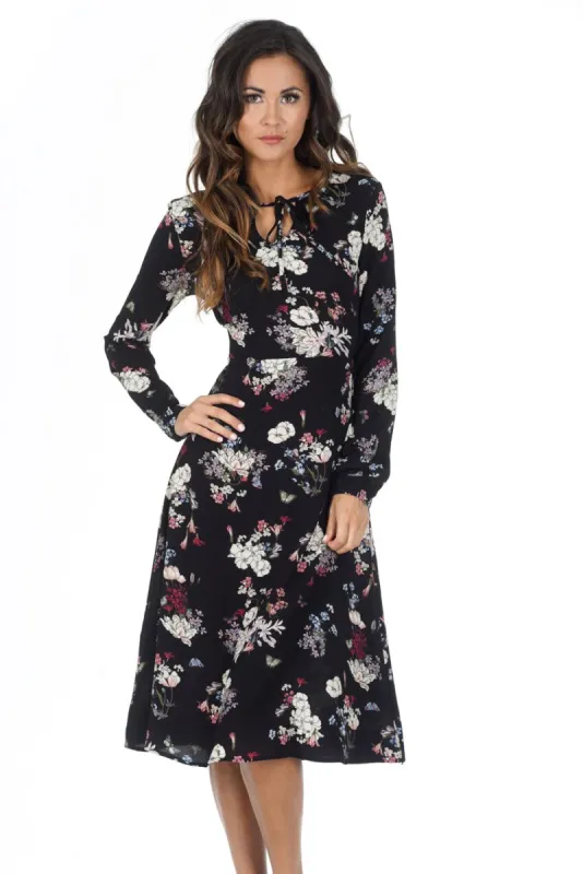 Black Floral Long Sleeve Swing Dress sold by AX Paris