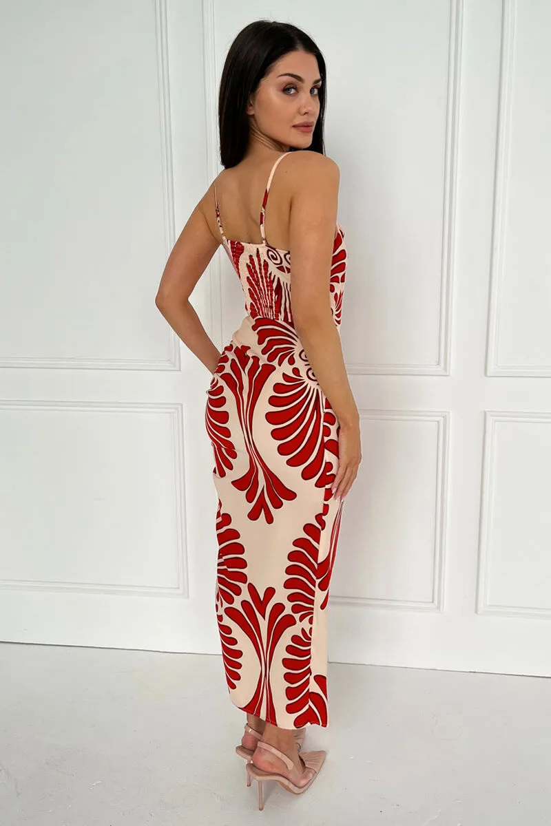 Burnt Orange Abstract Print Cowl Neck Ruched Side Strappy Midi Dress sold by AX Paris product image thumbnail 5