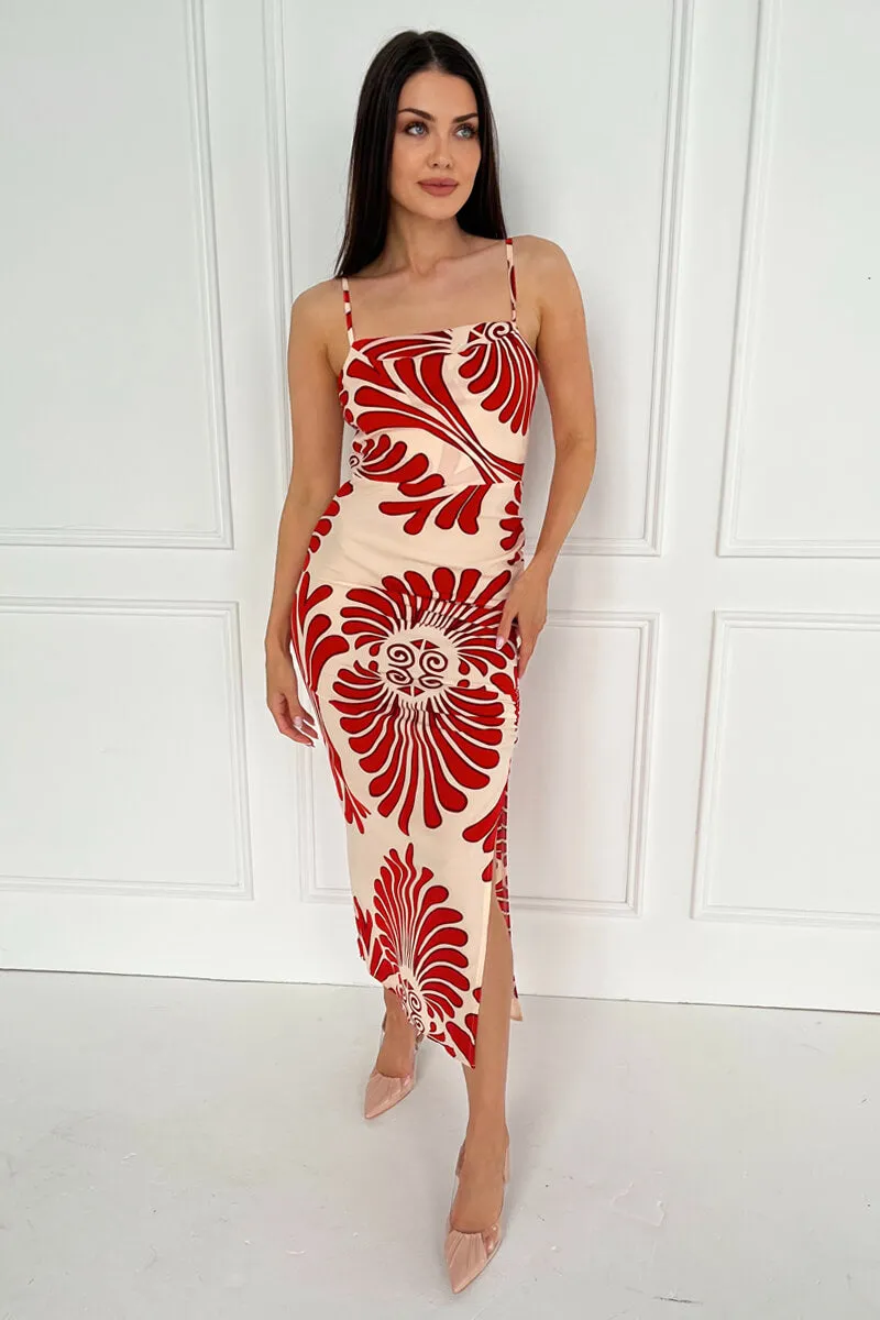Burnt Orange Abstract Print Cowl Neck Ruched Side Strappy Midi Dress sold by AX Paris product image thumbnail 2