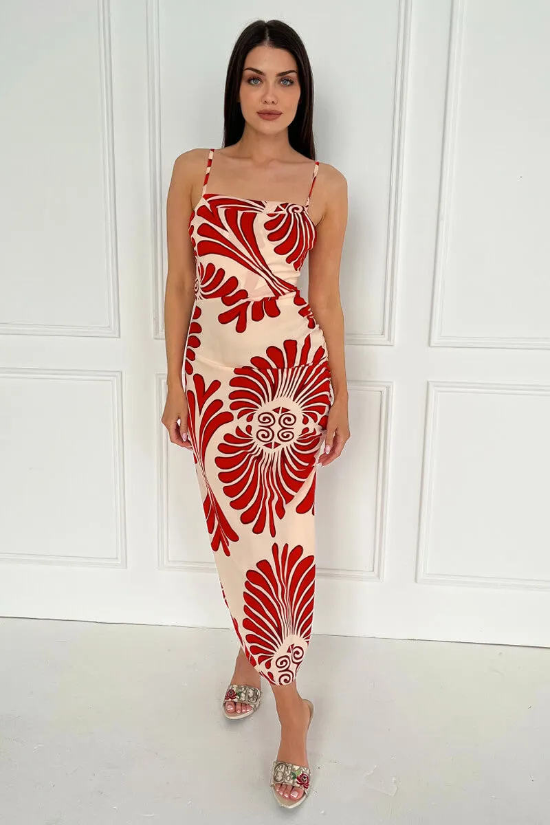 Burnt Orange Abstract Print Cowl Neck Ruched Side Strappy Midi Dress sold by AX Paris product image thumbnail 3