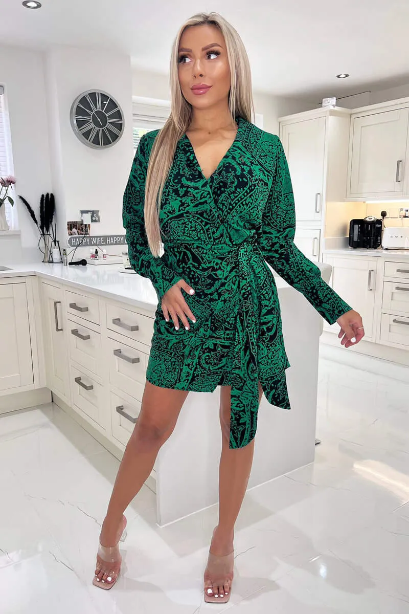 Green Printed Tie Wrap Long Sleeve Mini Dress sold by AX Paris product image thumbnail 2