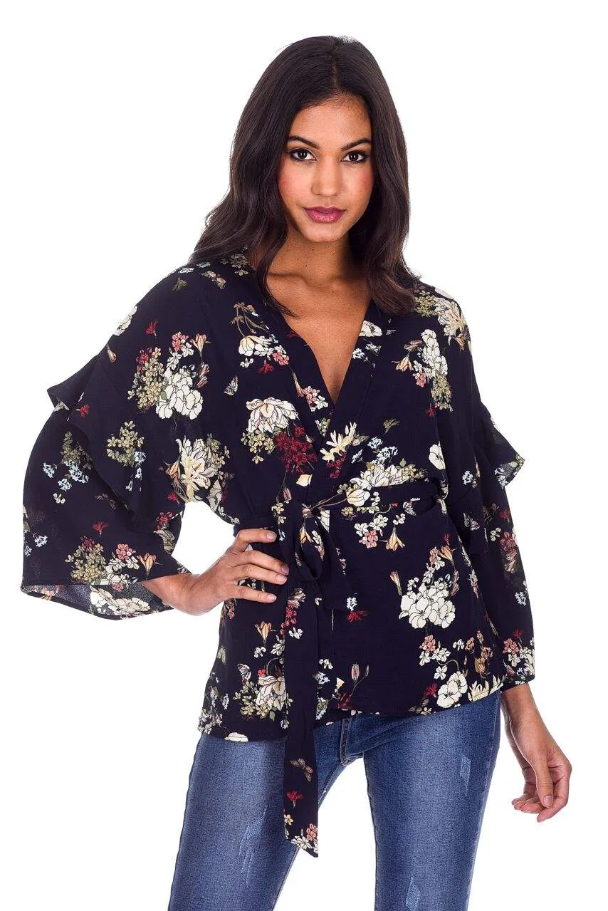 Navy Floral Print Wrap Top sold by AX Paris