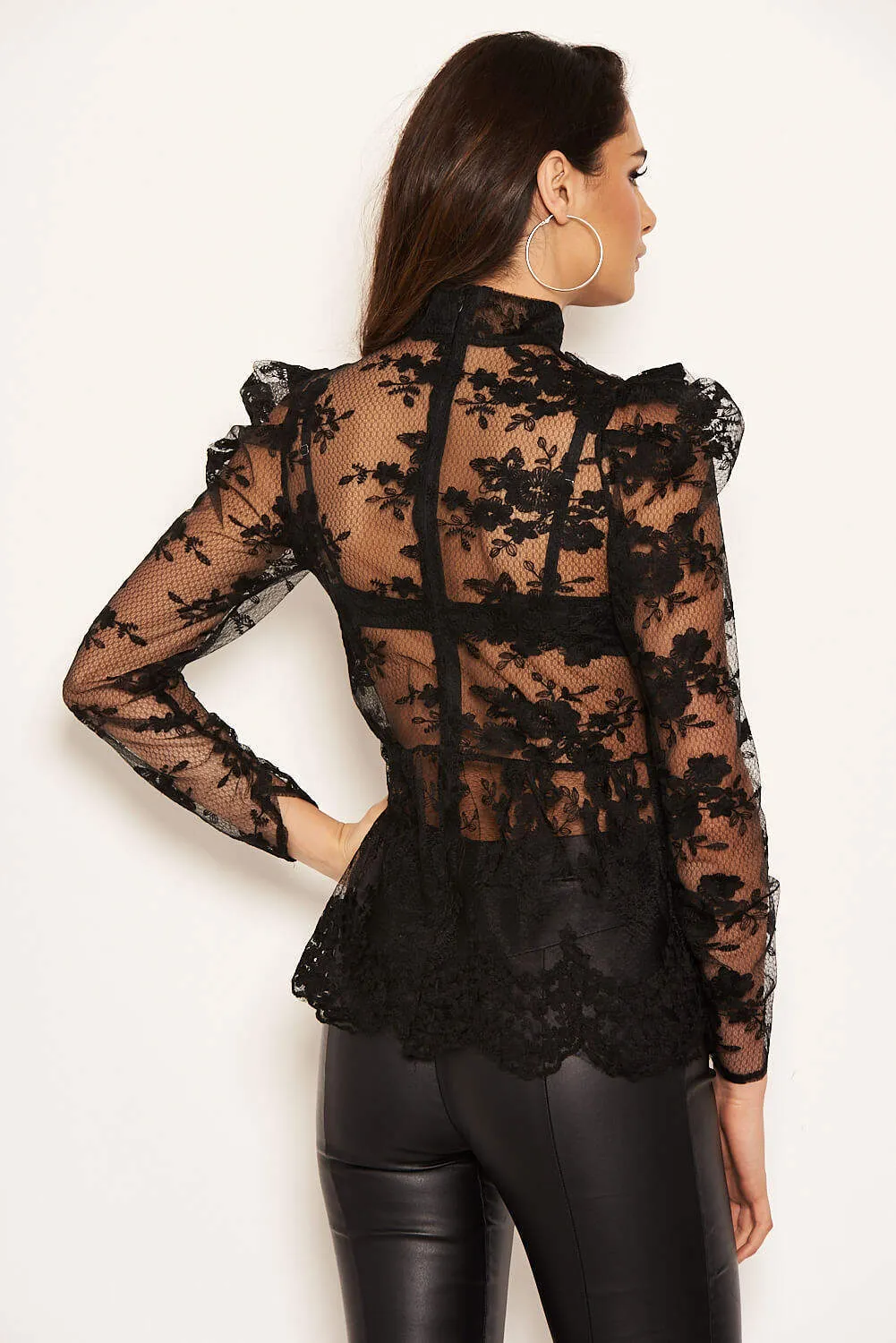Black Embroidered Sheer Puff Sleeve Top sold by AX Paris product image thumbnail 4