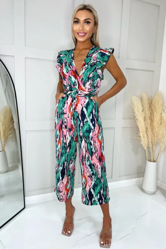 Multi Printed Wrap Front Frill Sleeve Belted Jumpsuit sold by AX Paris