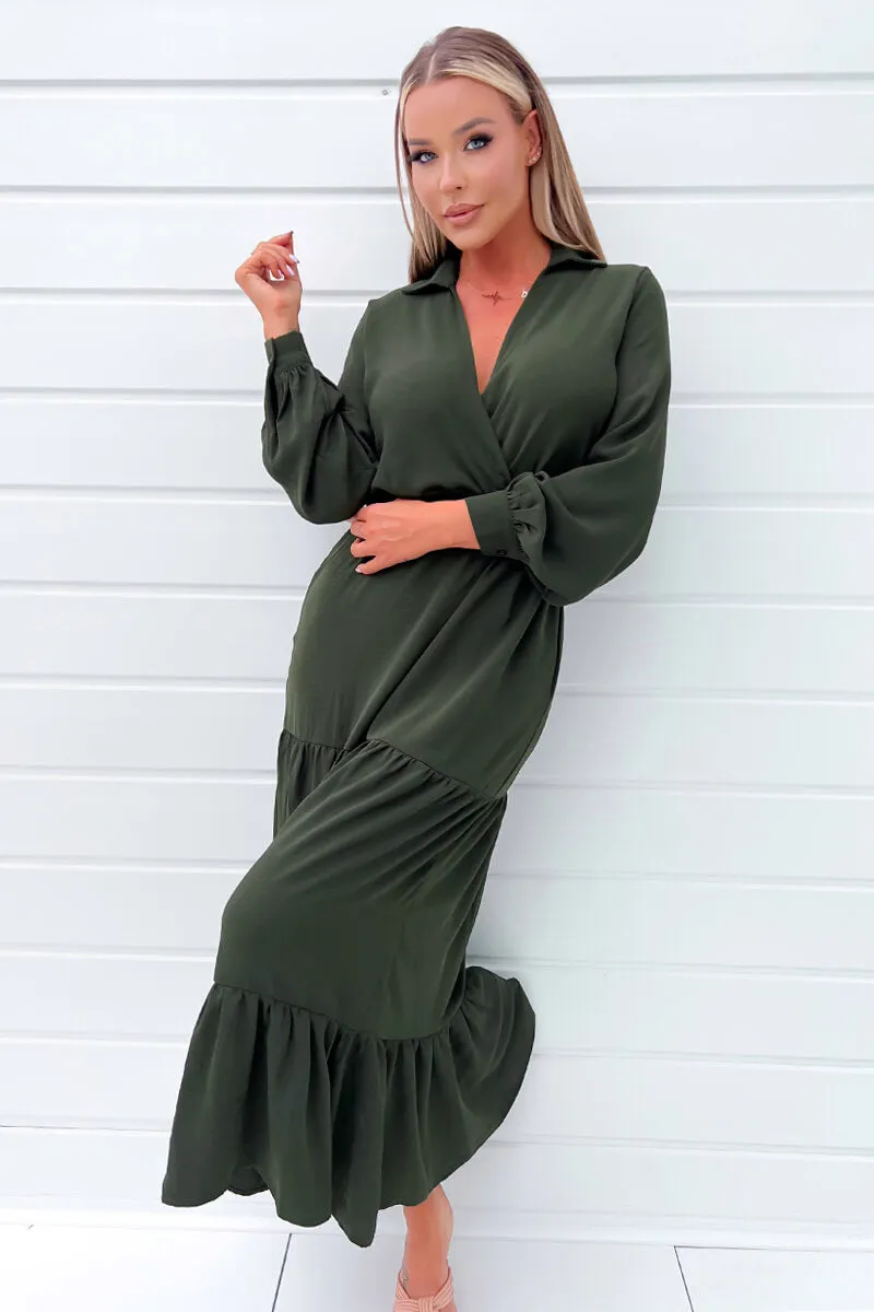 Olive Long Sleeve Wrap Top Smock Midi Dress sold by AX Paris product image thumbnail 3