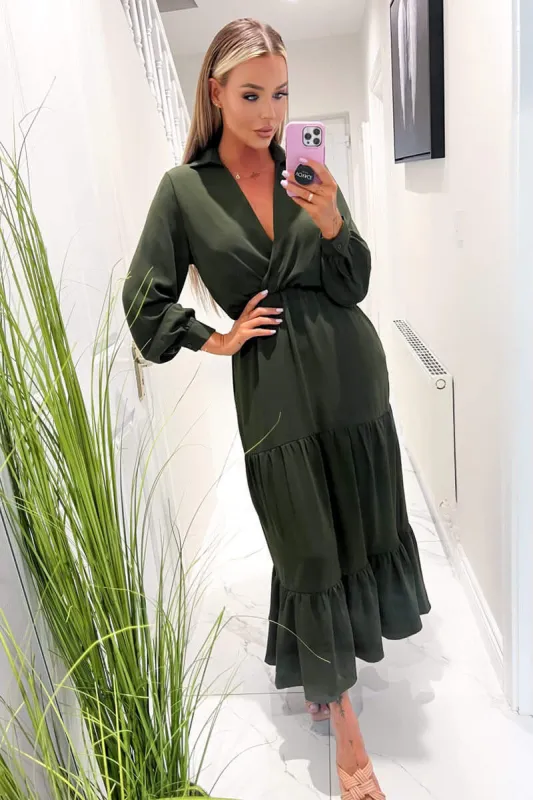 Olive Long Sleeve Wrap Top Smock Midi Dress sold by AX Paris