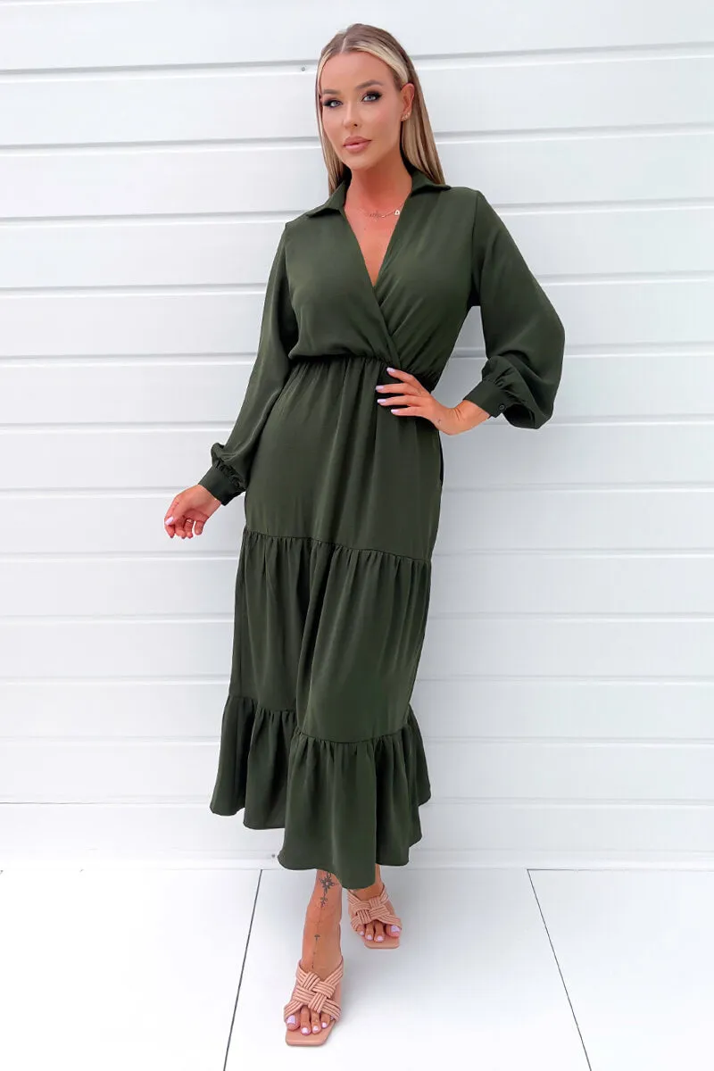 Olive Long Sleeve Wrap Top Smock Midi Dress sold by AX Paris product image thumbnail 2