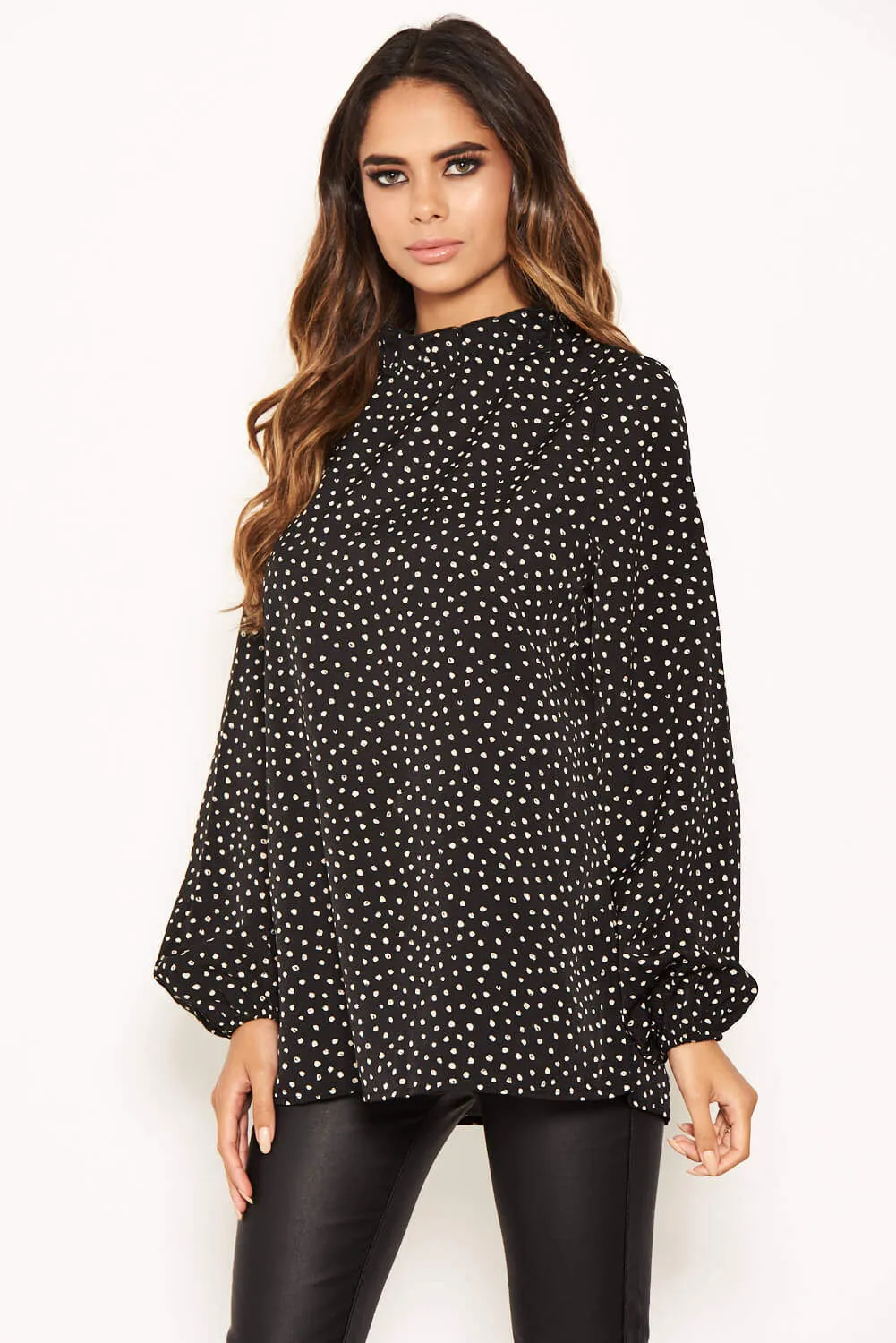 Black Spotty Pleated Frilled Neck Top sold by AX Paris product image thumbnail 4