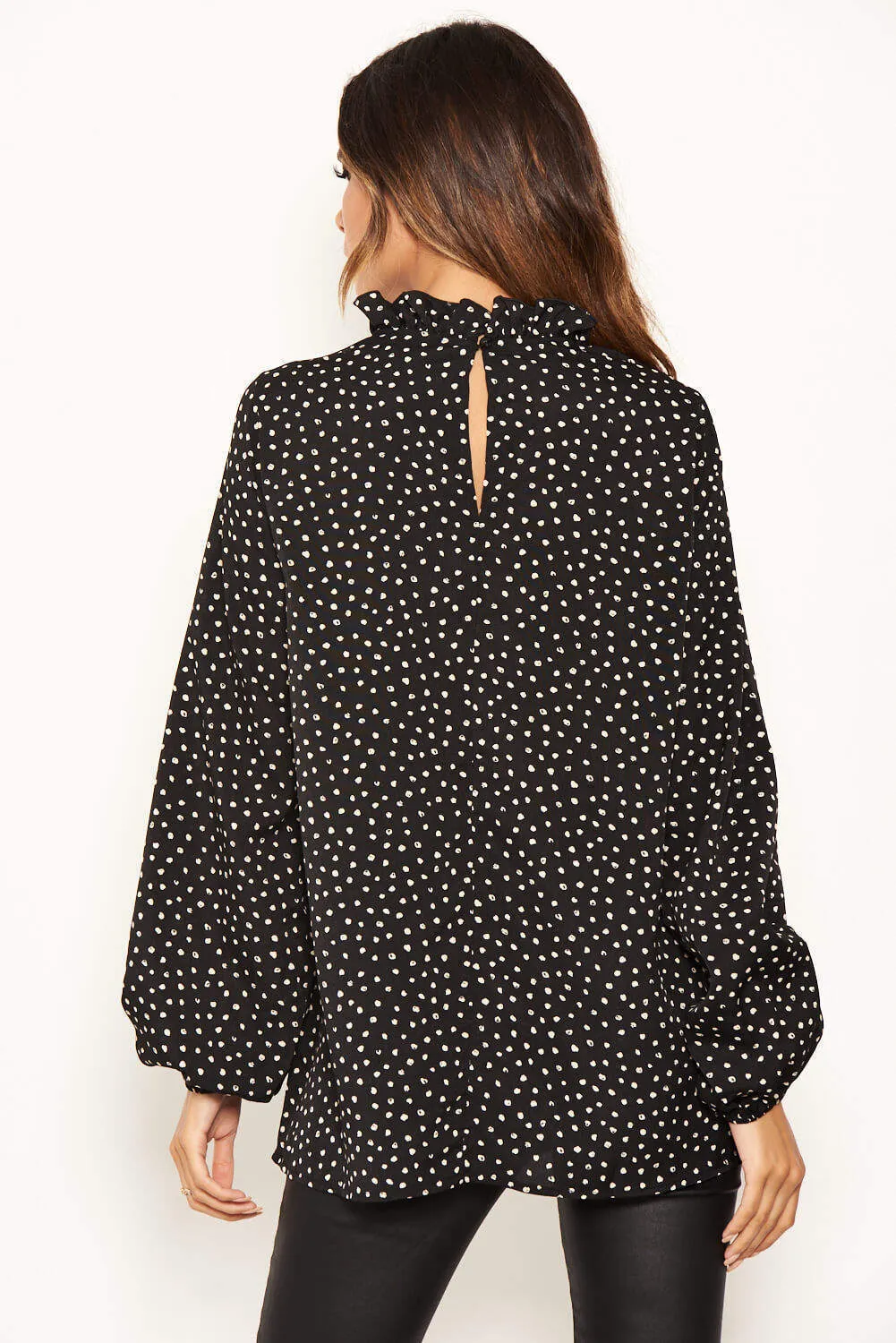 Black Spotty Pleated Frilled Neck Top sold by AX Paris product image thumbnail 3