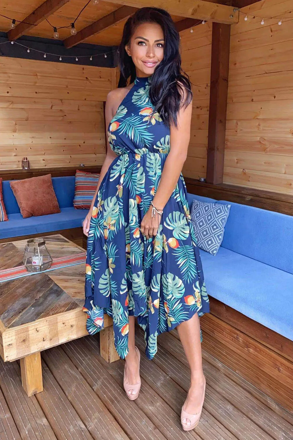 Navy High Neck Elasticated Waist Midi Dress sold by AX Paris