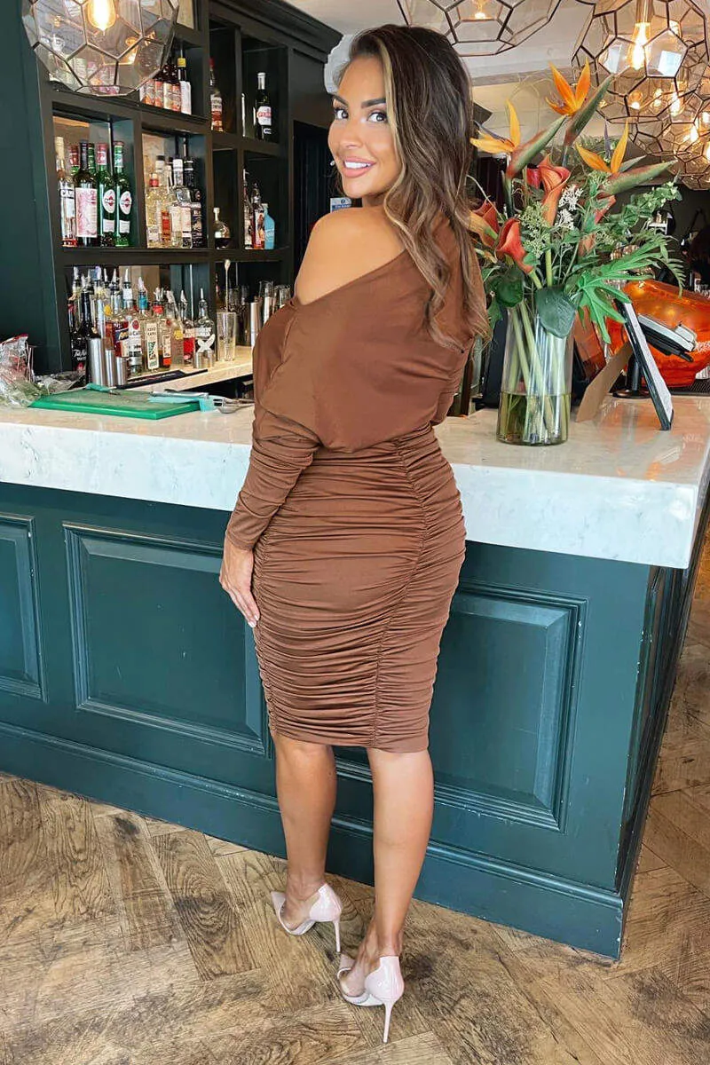 Camel Off The Shoulder Ruched Stretch Midi Dress sold by AX Paris product image thumbnail 4