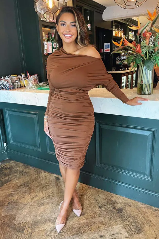 Camel Off The Shoulder Ruched Stretch Midi Dress sold by AX Paris