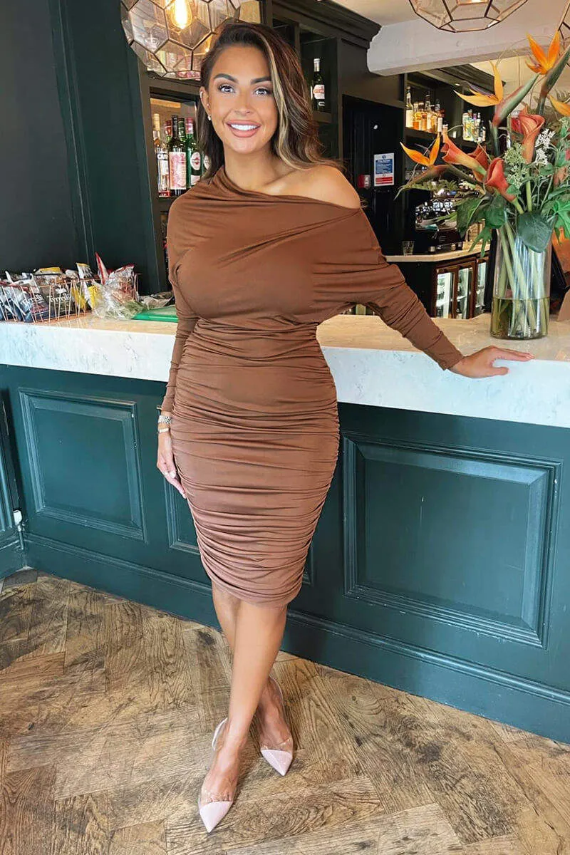 Camel Off The Shoulder Ruched Stretch Midi Dress sold by AX Paris