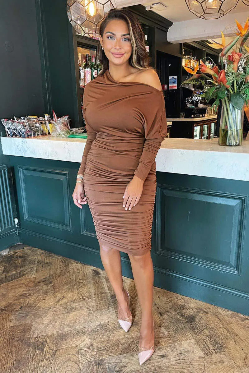 Camel Off The Shoulder Ruched Stretch Midi Dress sold by AX Paris product image thumbnail 2