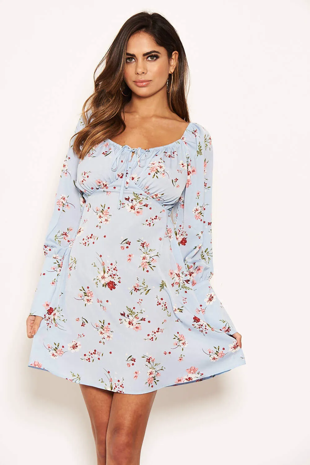 Blue Floral Print Tie Neckline Long Sleeve Dress sold by AX Paris product image thumbnail 3