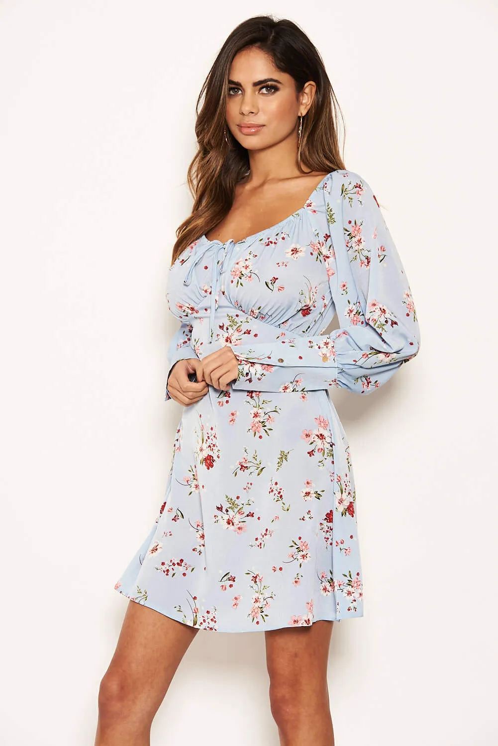 Blue Floral Print Tie Neckline Long Sleeve Dress sold by AX Paris product image thumbnail 4