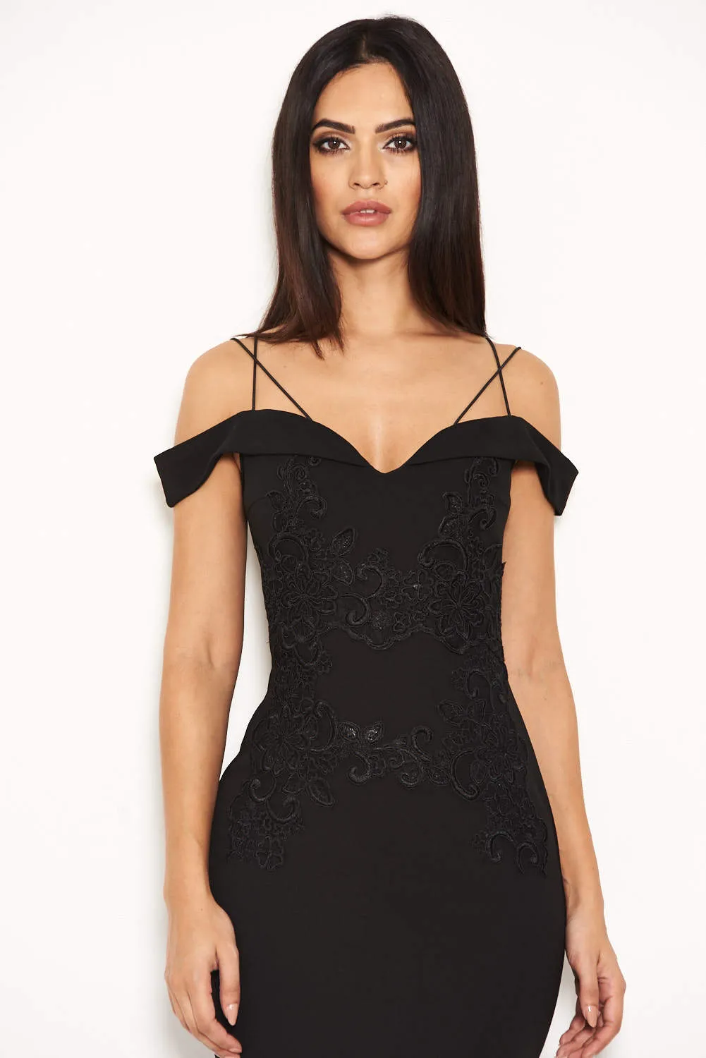 Black Off The Shoulder Lace Midi Dress With Delicate Straps sold by AX Paris product image thumbnail 5