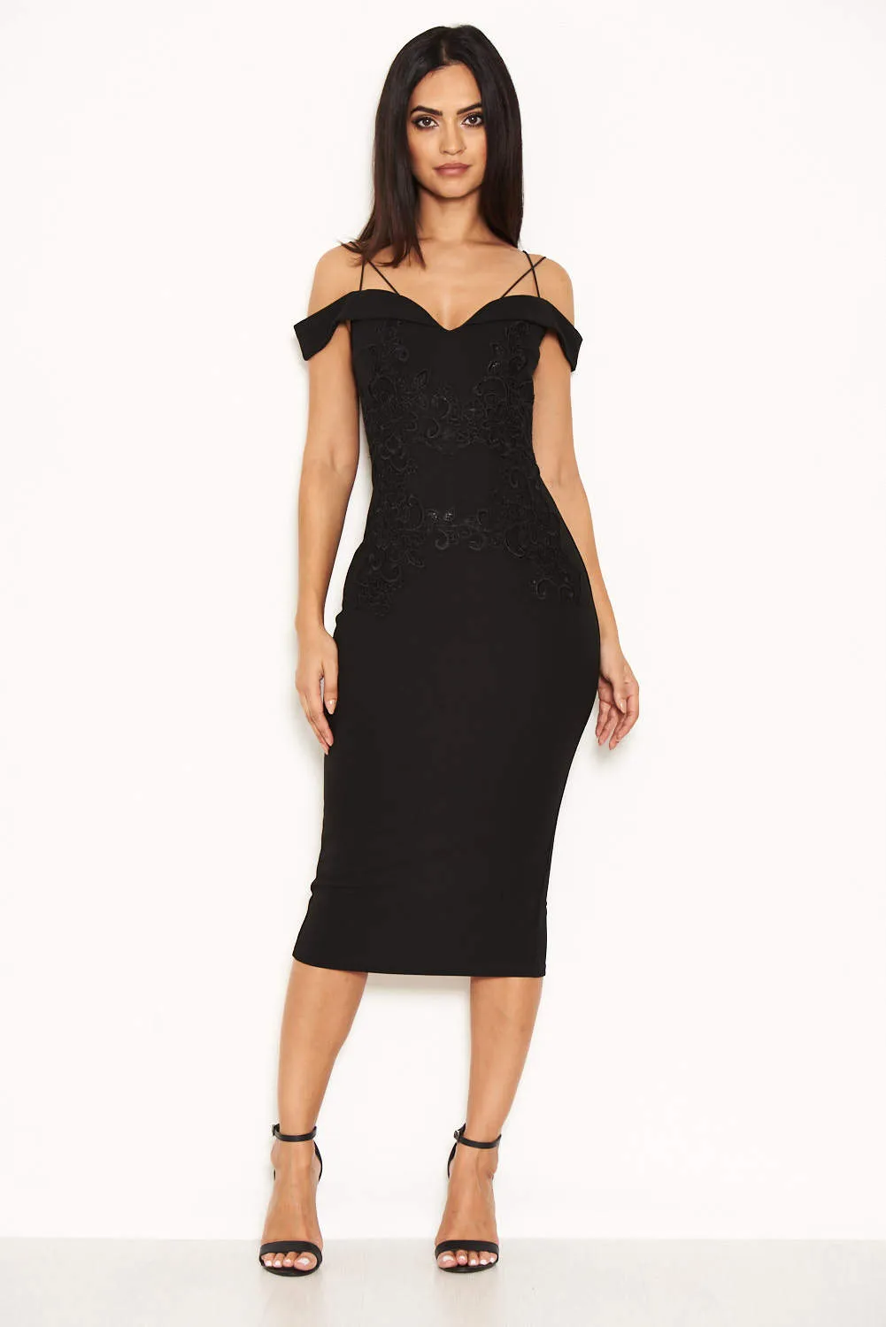 Black Off The Shoulder Lace Midi Dress With Delicate Straps sold by AX Paris product image thumbnail 2