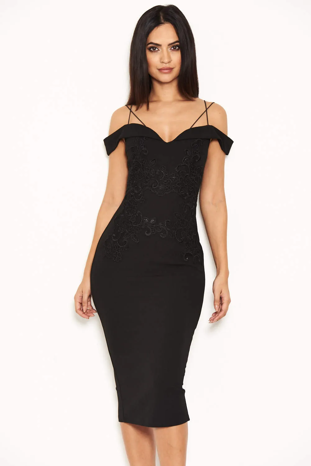 Black Off The Shoulder Lace Midi Dress With Delicate Straps sold by AX Paris
