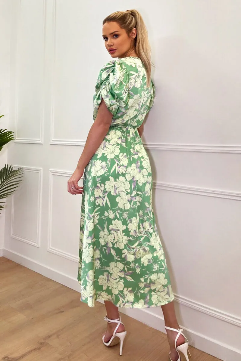 Green Floral Printed Short Puff Sleeve Gathered Side Midi Dress sold by AX Paris product image thumbnail 5