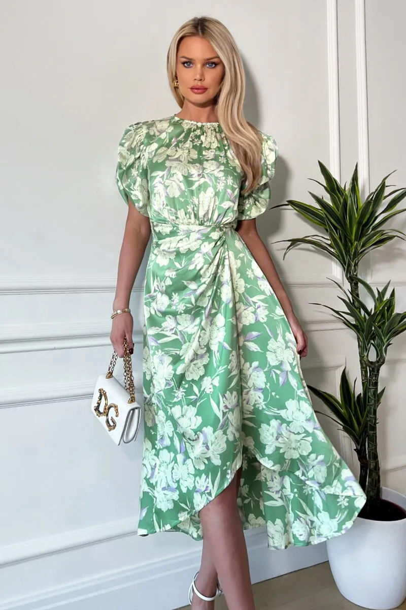 Green Floral Printed Short Puff Sleeve Gathered Side Midi Dress sold by AX Paris product image thumbnail 2