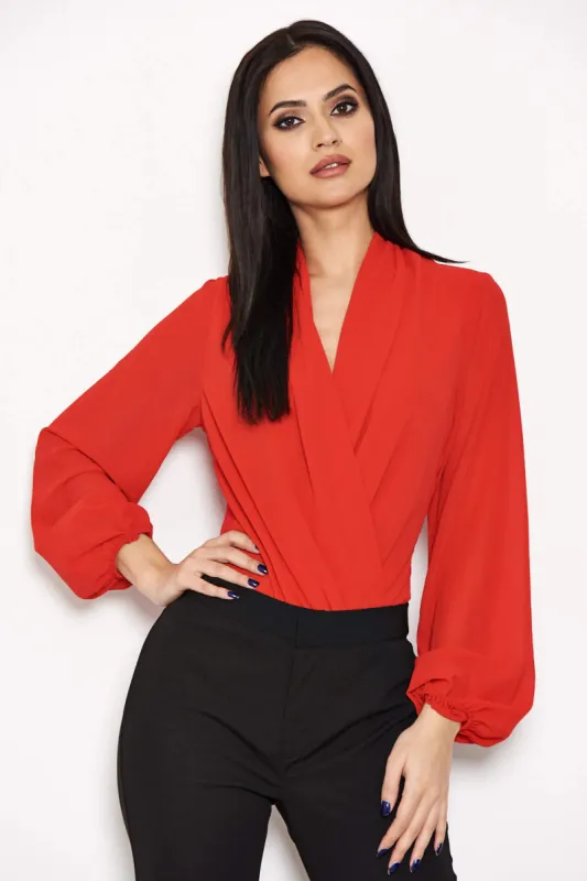 Red Mesh Detail Sleeved Bodysuit sold by AX Paris