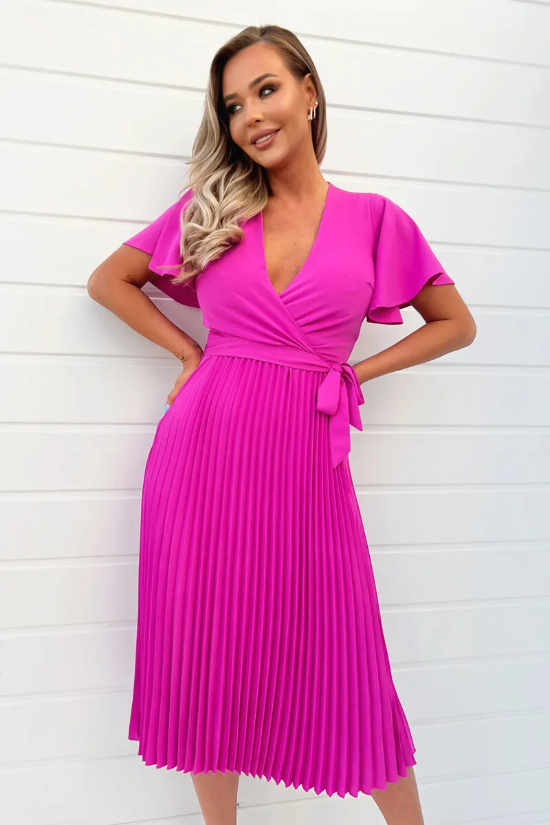 Hot Pink Pleated Midi Dress with Tie Waist sold by AX Paris