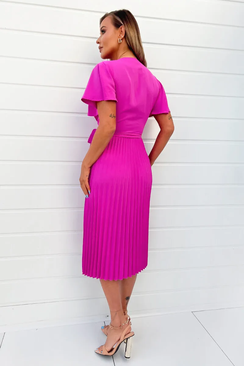 Hot Pink Pleated Midi Dress with Tie Waist sold by AX Paris product image thumbnail 2