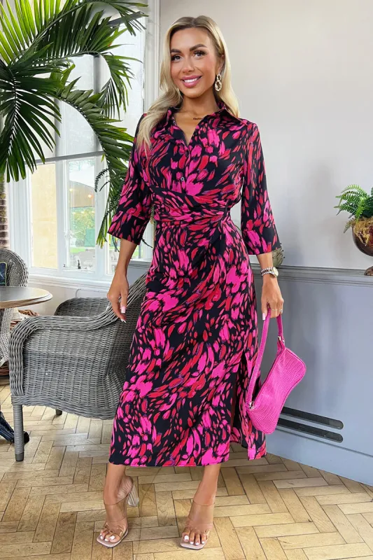Pink And Red Printed Shirt Midi Dress sold by AX Paris