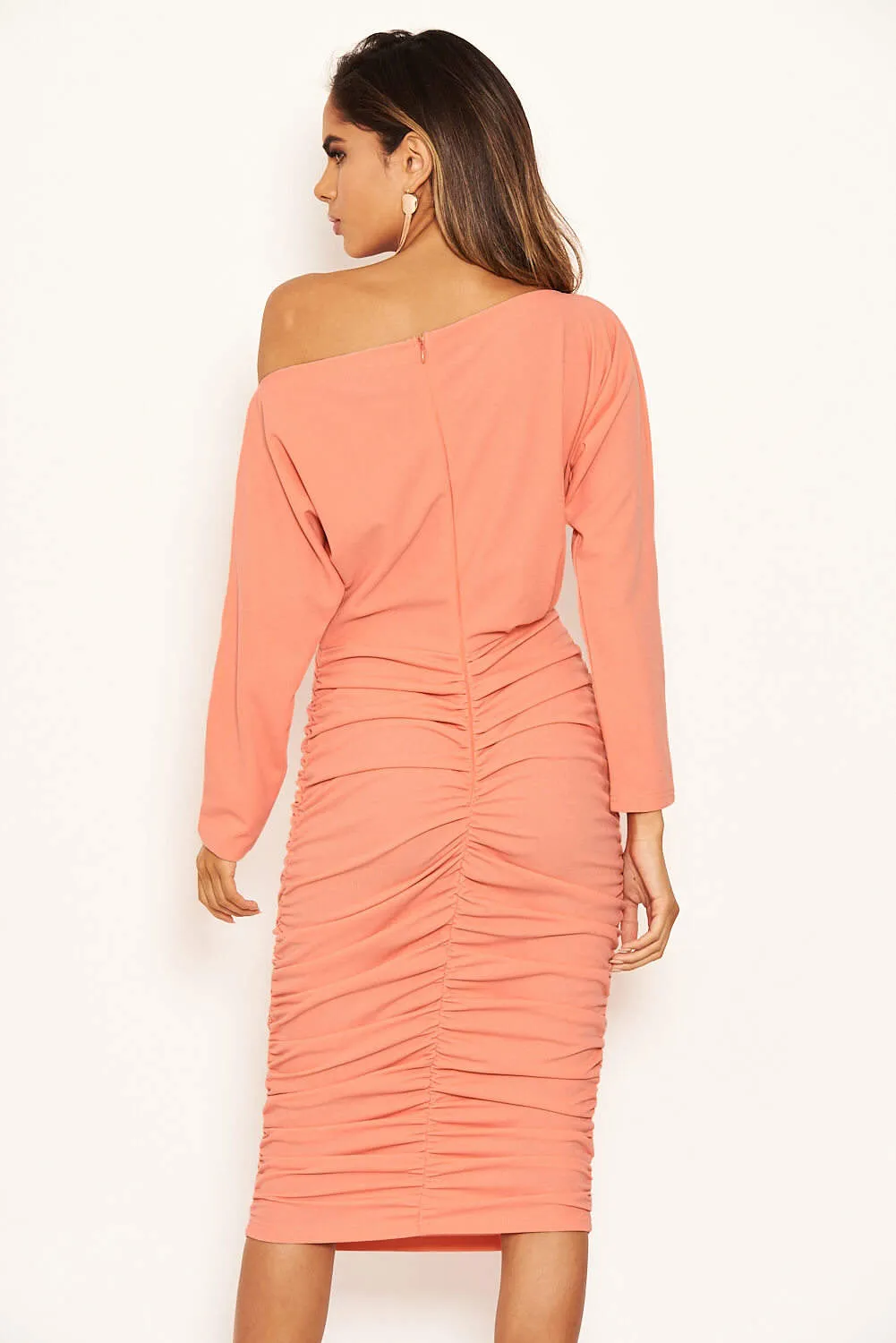 Peach Off Shoulder Ruched Dress sold by AX Paris product image thumbnail 4