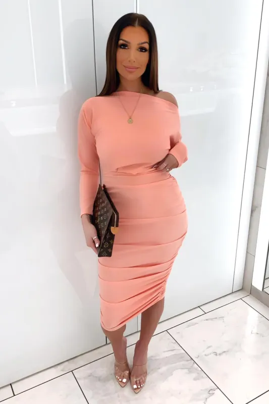 Peach Off Shoulder Ruched Dress sold by AX Paris
