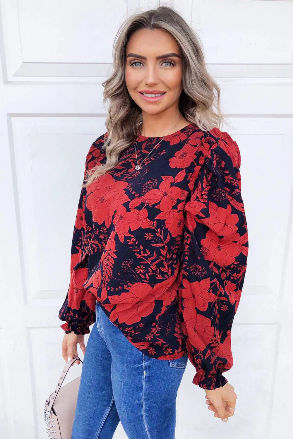 Red Floral Frill Shoulder Blouse sold by AX Paris product image thumbnail 4